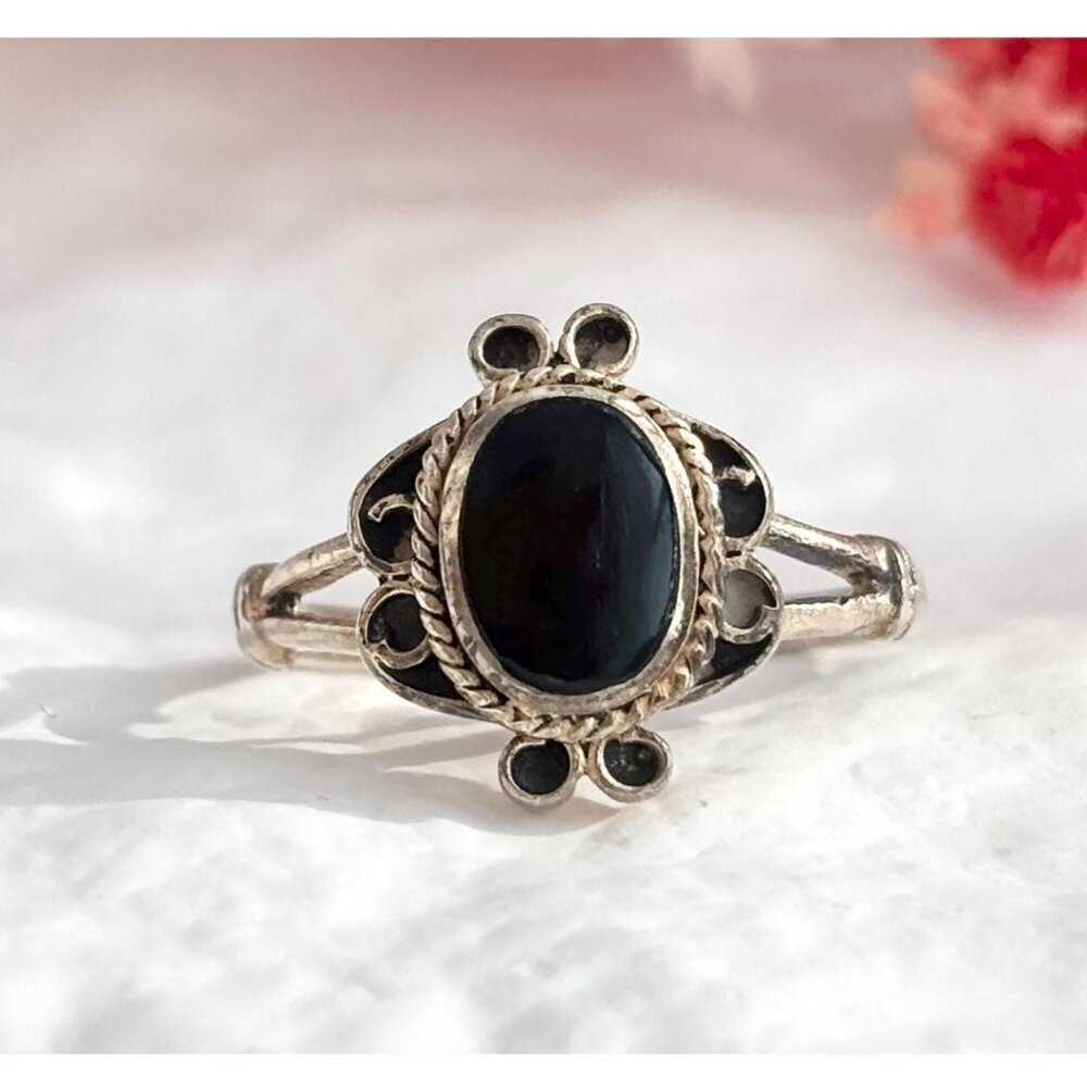 Art Deco Black Onyx Gemstone 925 Sterling Silver Vintage Ring - multiple szs